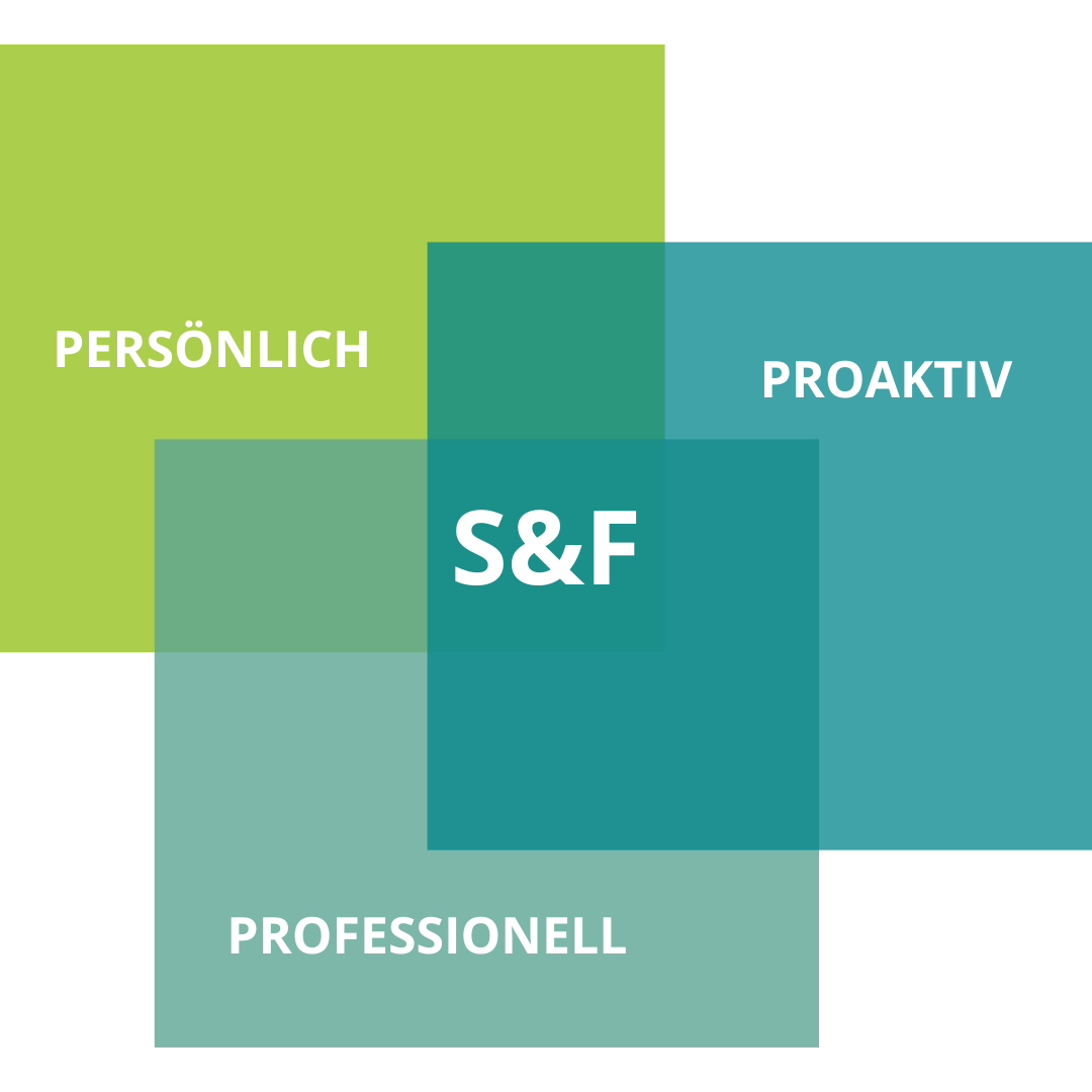 Drei Quadrate in grün, türkis und hellerem türkis, die sich in der Mitte schneiden. Jedes Quadrat steht für einen Wert der ebenfalls in dem quadrat steht, in der Schnittfläche steht S&F.